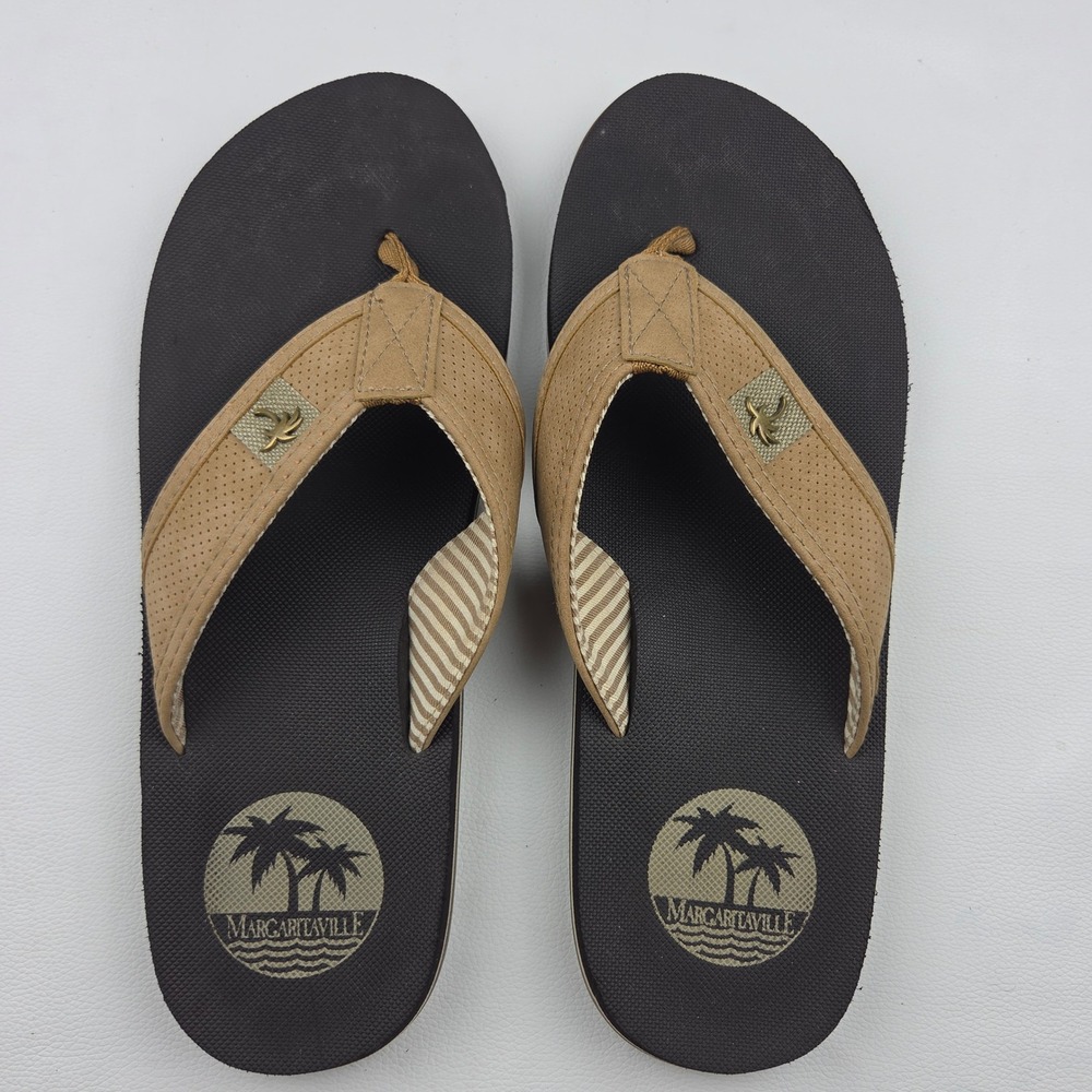Margaritaville Sway Flip Flop Men's 10 Brown Tan Palm Tree Beach Sandals Buffett